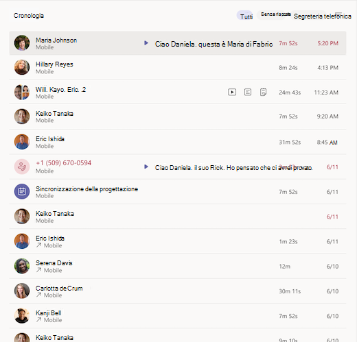 Schermata generale della cronologia di Teams