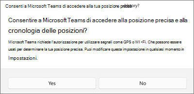 Finestra di dialogo del consenso per la posizione di Teams