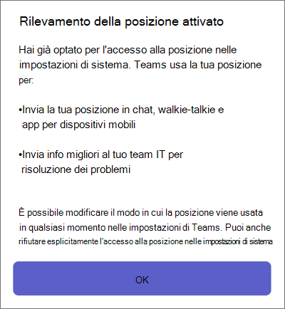 Rilevamento della posizione di Teams su dispositivi mobili