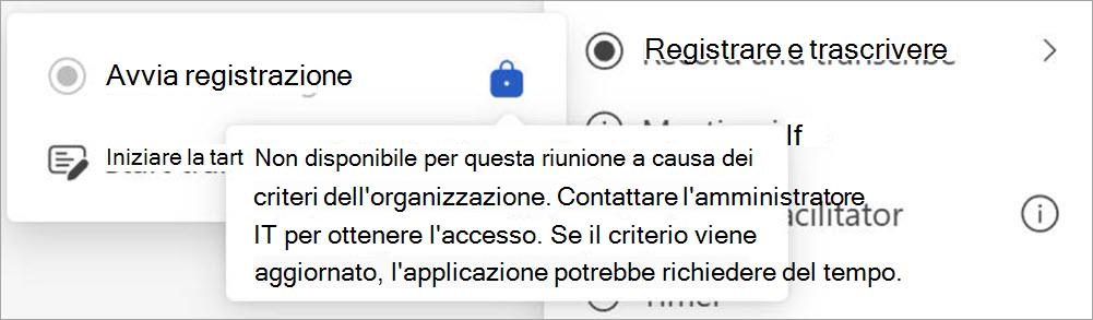 Schermata con i pulsanti di registrazione e trascrizione, che mostra un popup che indica che solo gli utenti designati come amministratori possono avviare la registrazione.