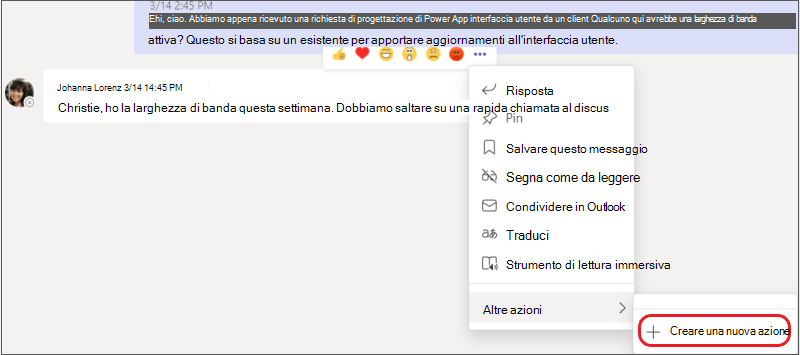 Menu Altre opzioni con il sottomenu Crea nuova azione evidenziato.