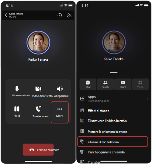 Screenshot che mostra i passaggi per spostare le chiamate da Teams Phone Mobile al cellulare