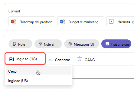 Screenshot che mostra come cambiare la lingua della trascrizione nel riepilogo della riunione.