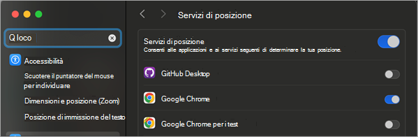 Immagine che mostra la finestra Sicurezza e privacy con callout abilita i servizi di posizione.
