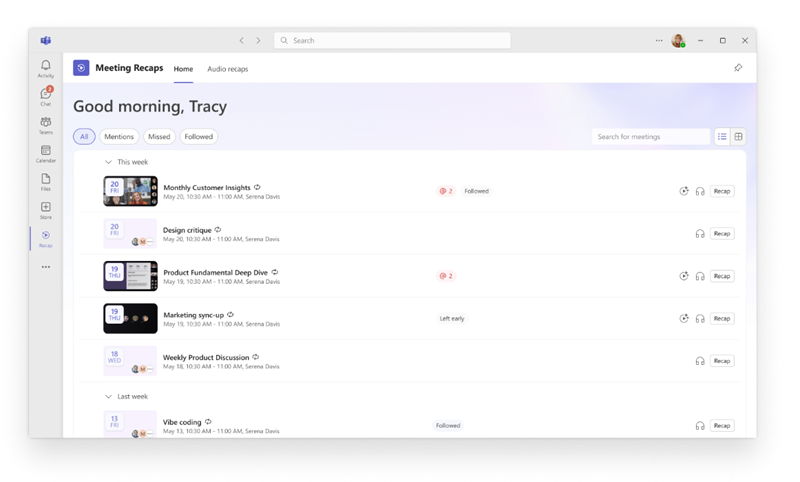 Screenshot che mostra l'app Riepiloghi delle riunioni aperta in Microsoft Teams con una raccolta di riepiloghi delle riunioni passate.