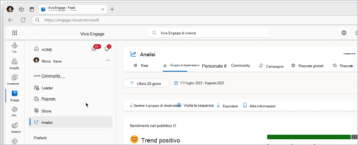 Screenshot che mostra la scheda analisi nella home page.