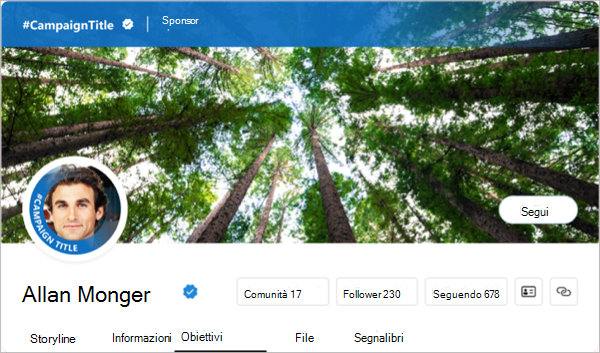 Il profilo viene visualizzato con i colori e l'hashtag della campagna quando si sceglie di evidenziare una campagna.