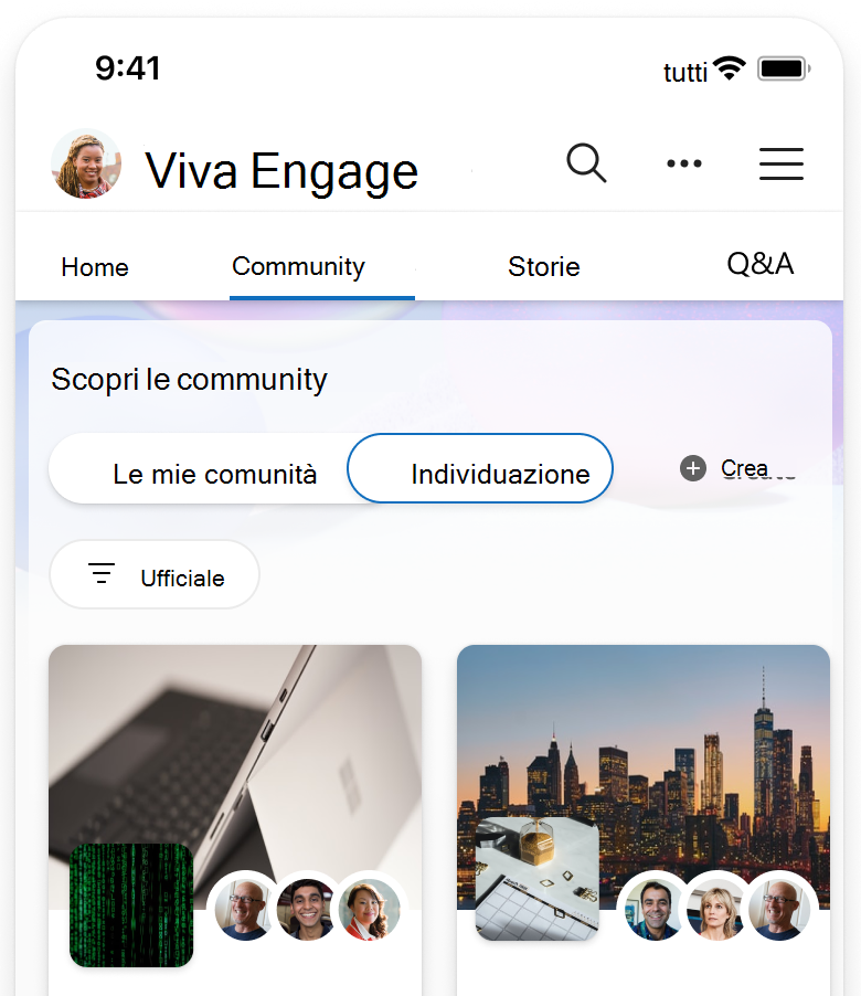 Screenshot che mostra la pagina di individuazione filtrata per mostrare solo le community ufficiali