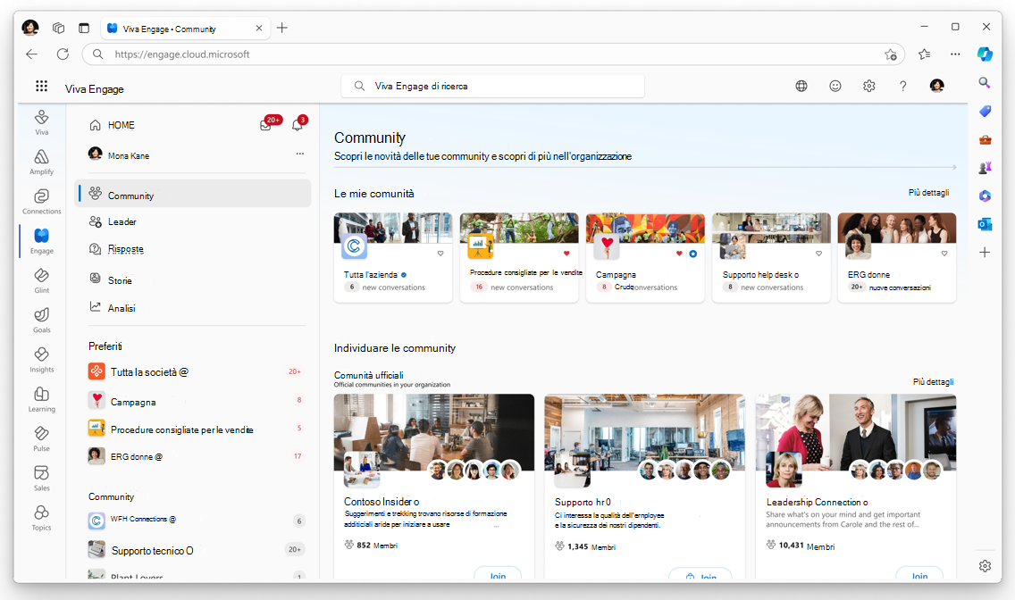 Screenshot che mostra la pagina di destinazione della community con le community ufficiali.