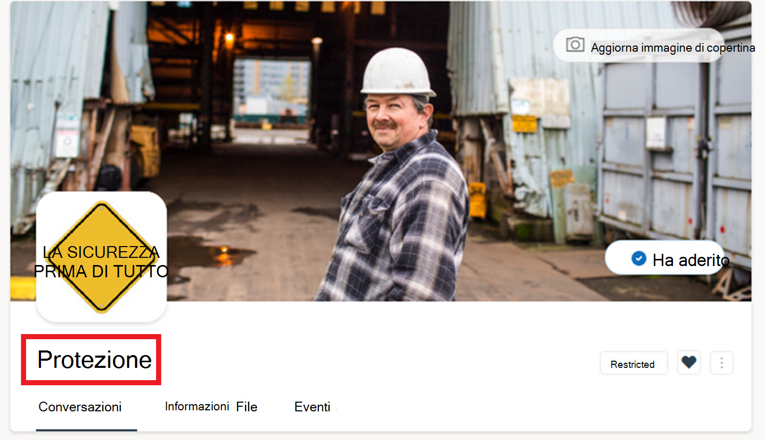 Immagine di una community di Yammer che mostra un badge ufficiale della community