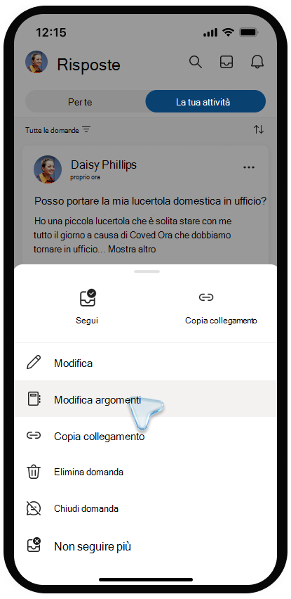 Screenshot del menu per la modifica di argomenti in Viva Engage in un dispositivo mobile.