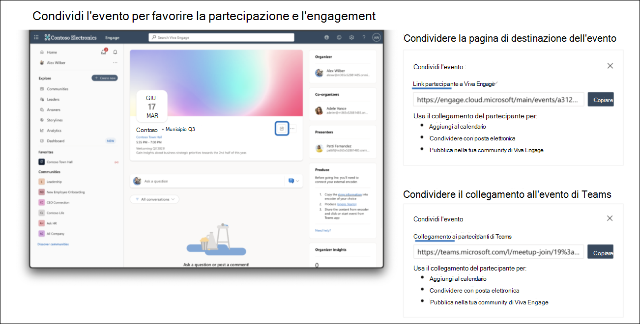 Condividere il collegamento all'evento o la pagina di destinazione dell'evento