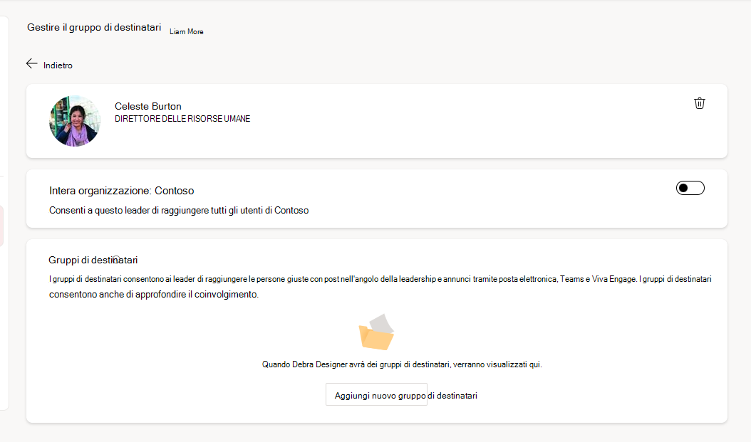 Lo screenshot mostra le impostazioni che i responsabili e i delegati possono usare per definire i gruppi di destinatari.