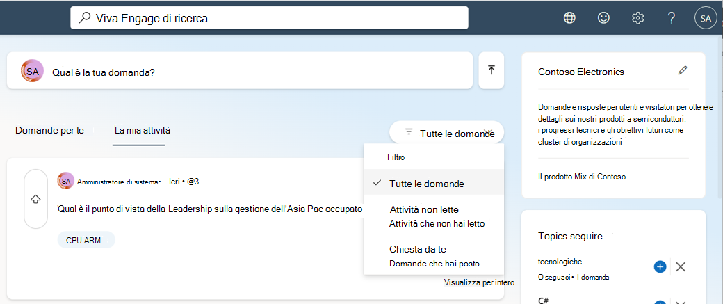Selezionare da questo elenco a discesa per filtrare gli elementi visualizzati.