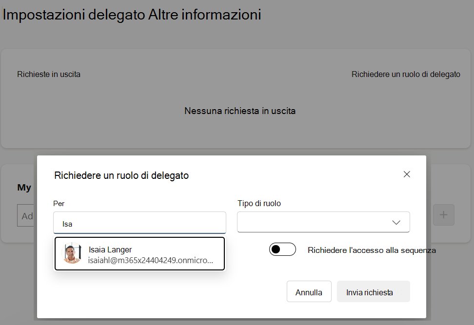 pop-up che include informazioni rilevanti per inviare la richiesta del delegato