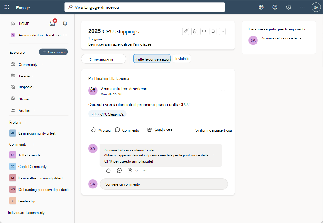 La pagina degli argomenti mostra le conversazioni e i follower