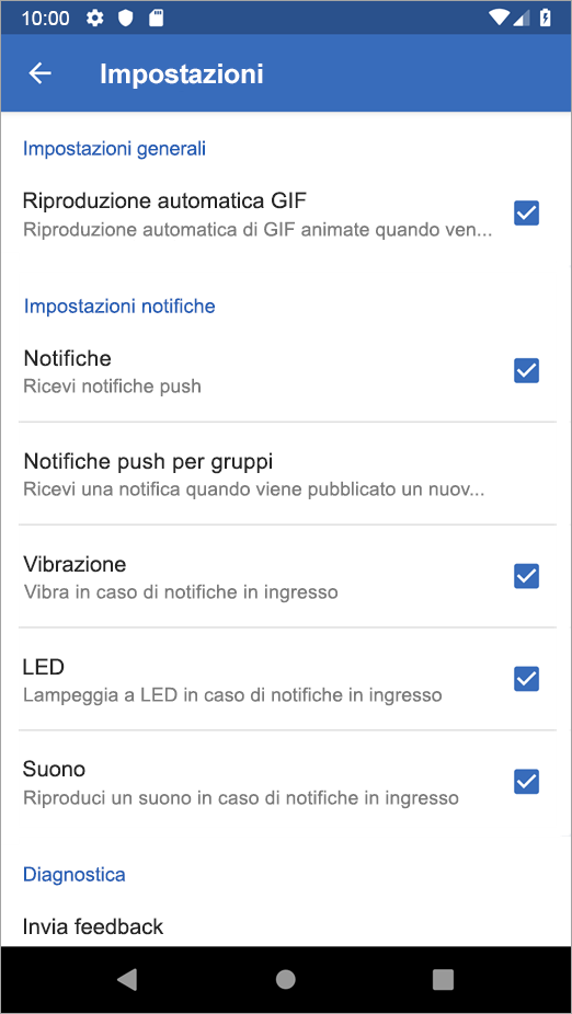 Opzioni delle impostazioni di Android
