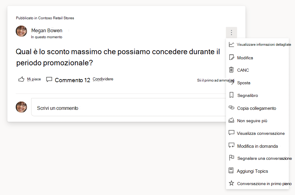 Screenshot che mostra le opzioni di domanda e conversazione