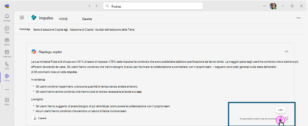 Screenshot che mostra l'esperienza degli utenti per inviare il proprio feedback in merito al riepilogo del report generato con Copilot