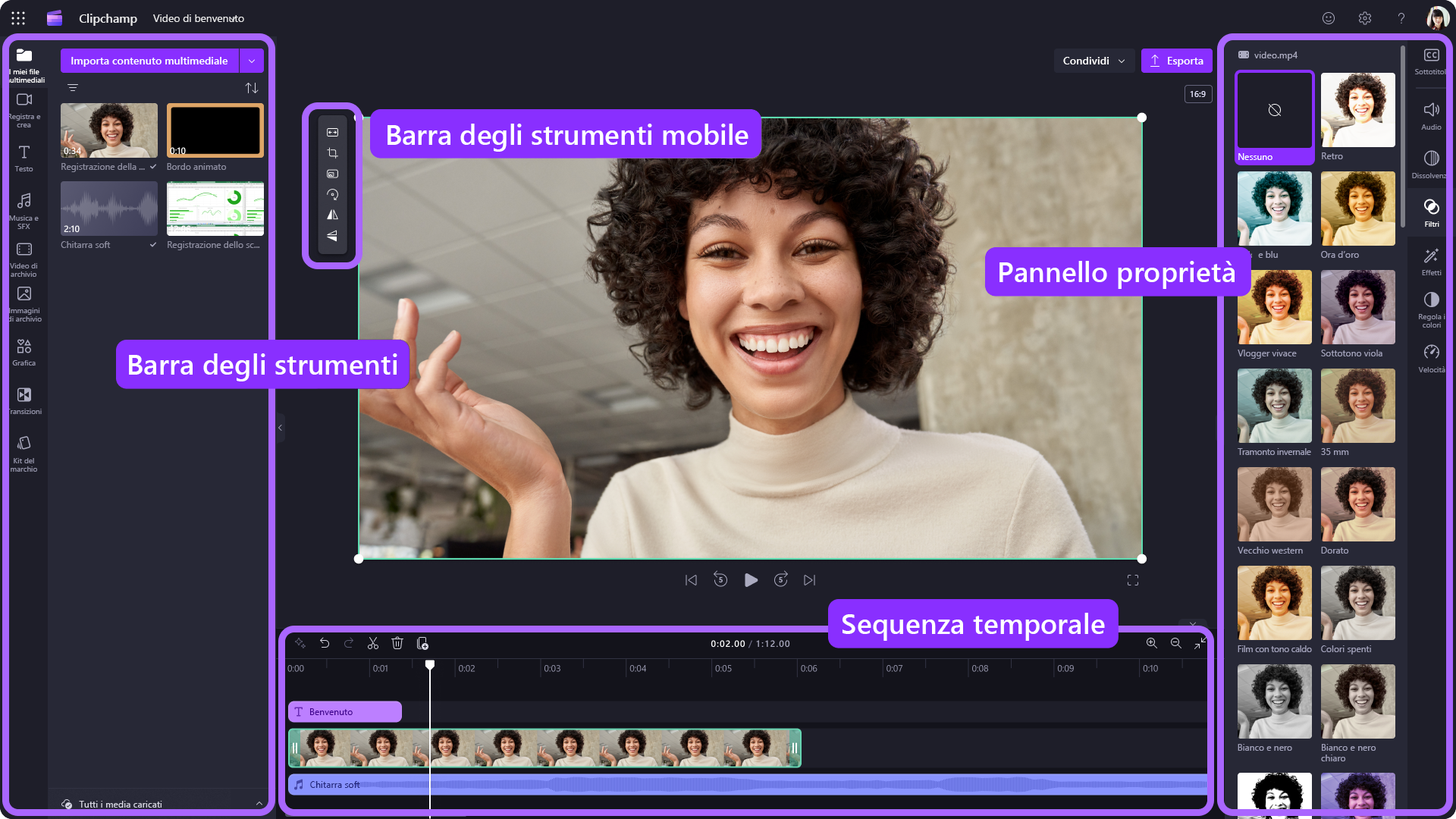 Un'immagine dell'app commerciale Clipchamp.