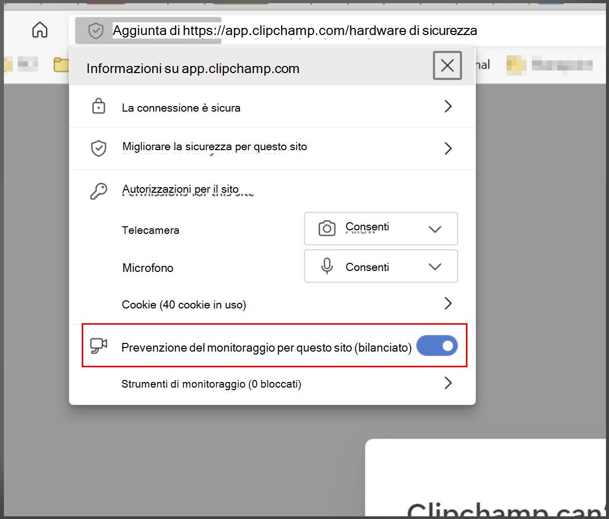 Edge ha aggiunto sicurezza, whitelist Clipchamp 2