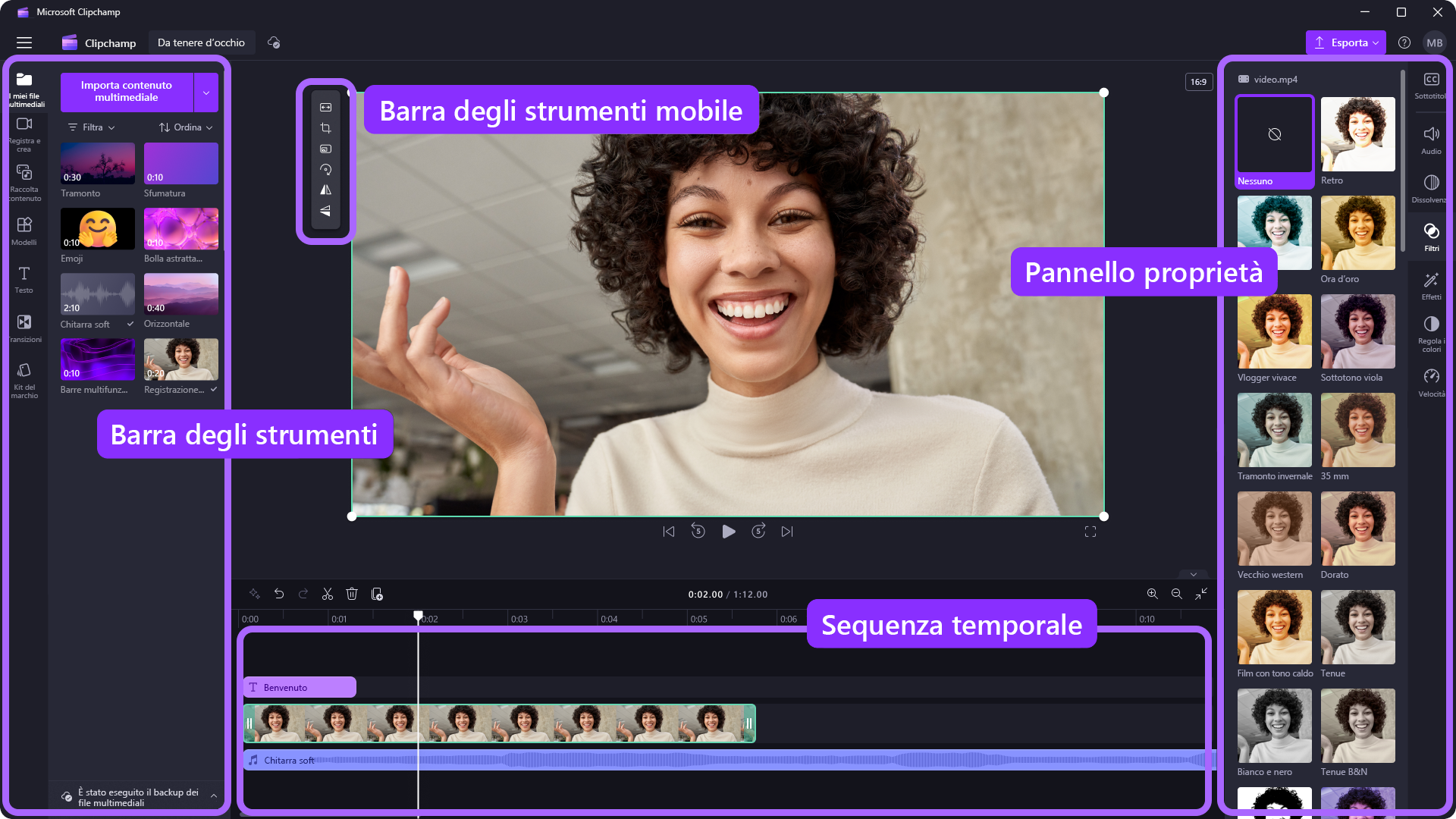Immagine dell'editor spiegata con le etichette.