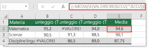 Funzione di matrice in MEDIA per risolvere l'errore #VALORE!