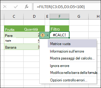 #CALC! errore: matrice vuota