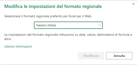 Finestra di dialogo Modifica le impostazioni del formato internazionale