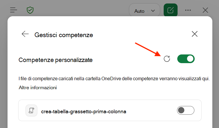 Screenshot della finestra di dialogo Competenze personalizzate di Copilot in Excel con il pulsante Aggiorna evidenziato.