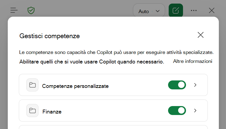Screenshot della finestra di dialogo Gestisci competenze di Copilot in Excel.
