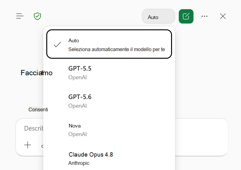 Screenshot del menu di selezione modello di Copilot in Excel, con Auto selezionato.