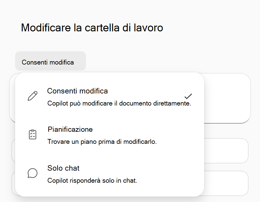 Screenshot del menu di opzioni di Copilot in modalità Excel.