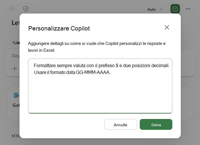 Screenshot della finestra di dialogo di personalizzazione di Copilot in Excel, inclusi esempi nell'area di testo.