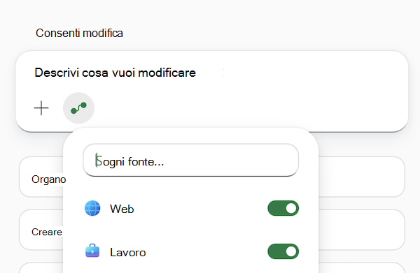 Screenshot del campo prompt di Copilot in Excel con il menu Seleziona origini aperto.