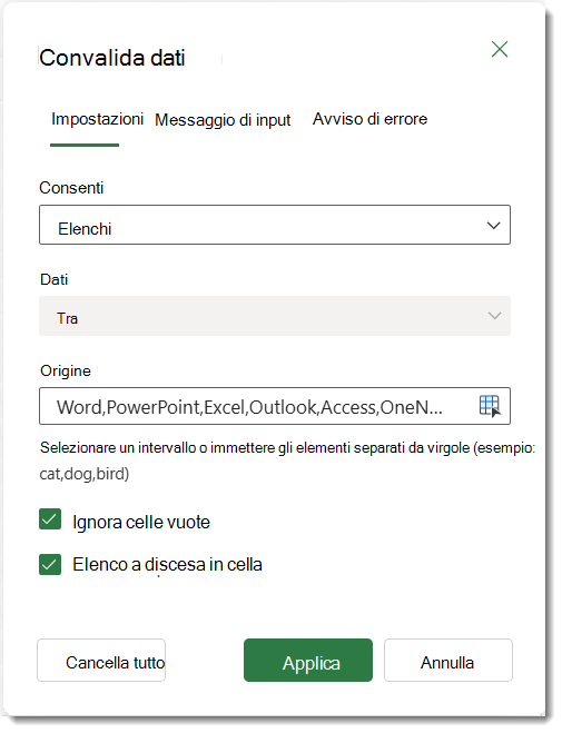 Impostazioni di convalida dei dati