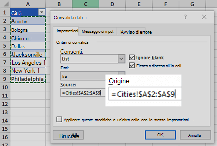 Opzioni dell'elenco di convalida dei dati