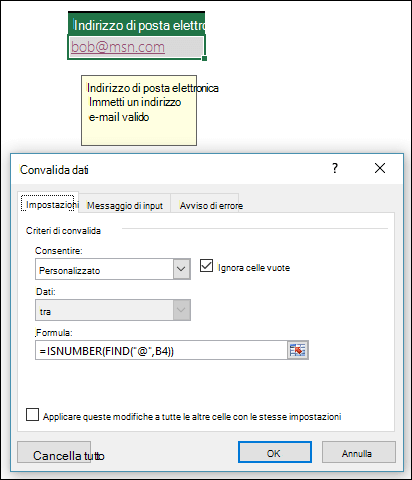 Esempio di convalida dei dati per fare in modo che un indirizzo di posta elettronica contenga il simbolo @
