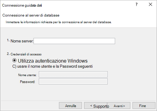 Schermata 1 della Connessione guidata dati
