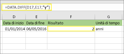 =DATEDIF(D17,E17,y) e risultato: 2