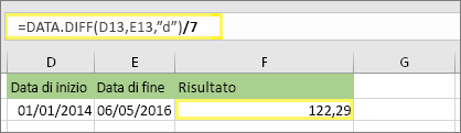 =(DATEDIF(D13,E13,d)/7) e risultato: 122.29