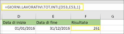 =GIORNI.LAVORATIVI.TOT. INTL(D53,E53,1) e risultato: 261
