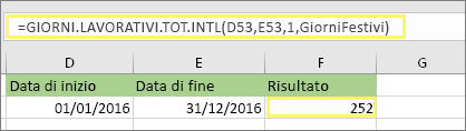 =GIORNI.LAVORATIVI.TOT. INTL(D53,E53,1,MyHolidays) e risultato: 252