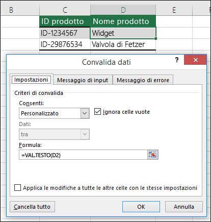 Esempio 2: Formule nella convalida dei dati