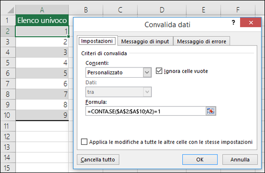 Esempio 4: Formule nella convalida dei dati