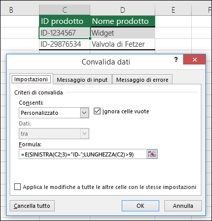 Esempio 6: Formule nella convalida dei dati