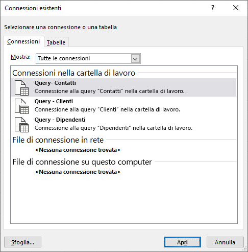 Nella finestra di dialogo Connessioni esistenti in Excel viene visualizzato un elenco delle origini dati attualmente in uso nella cartella di lavoro