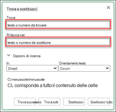 Sostituire testo o numeri in una cartella di lavoro o in un foglio di lavoro premendo CTRL+H