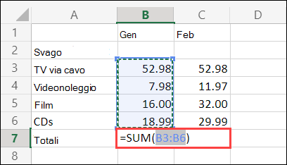 cella Somma automatica di Excel per il Web