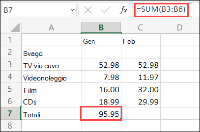 Formula Somma automatica di Excel per il Web